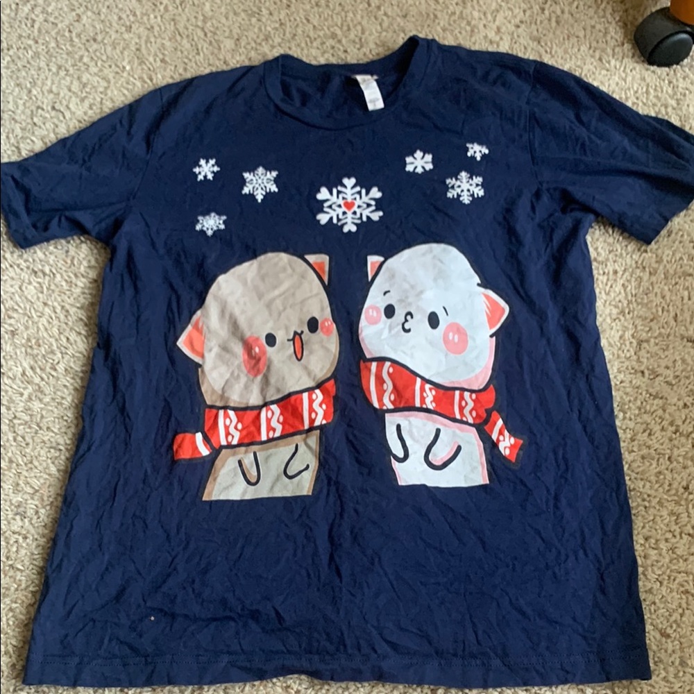 Mitao Cat Winter Navy Blue Graphic T-Shirt